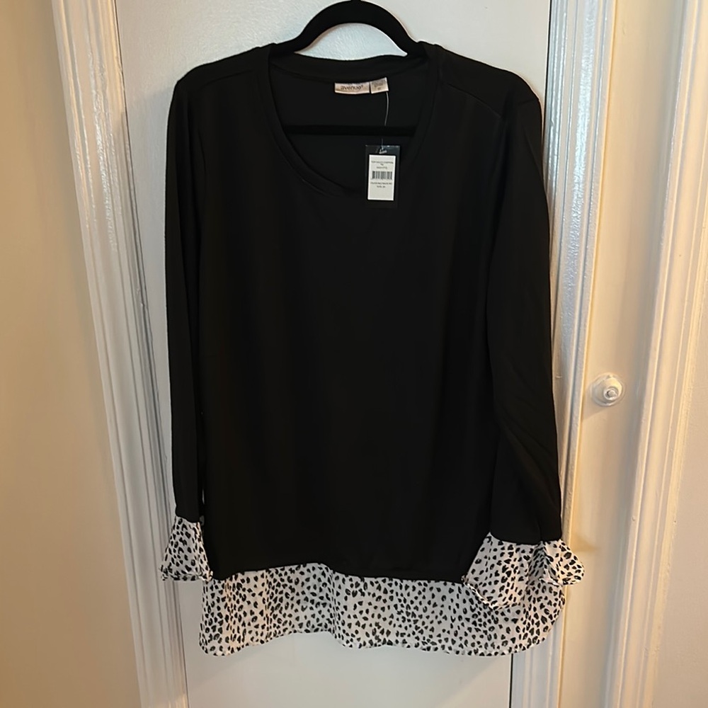Avenue Black and White Ruffled Blouse Relaxed Fit